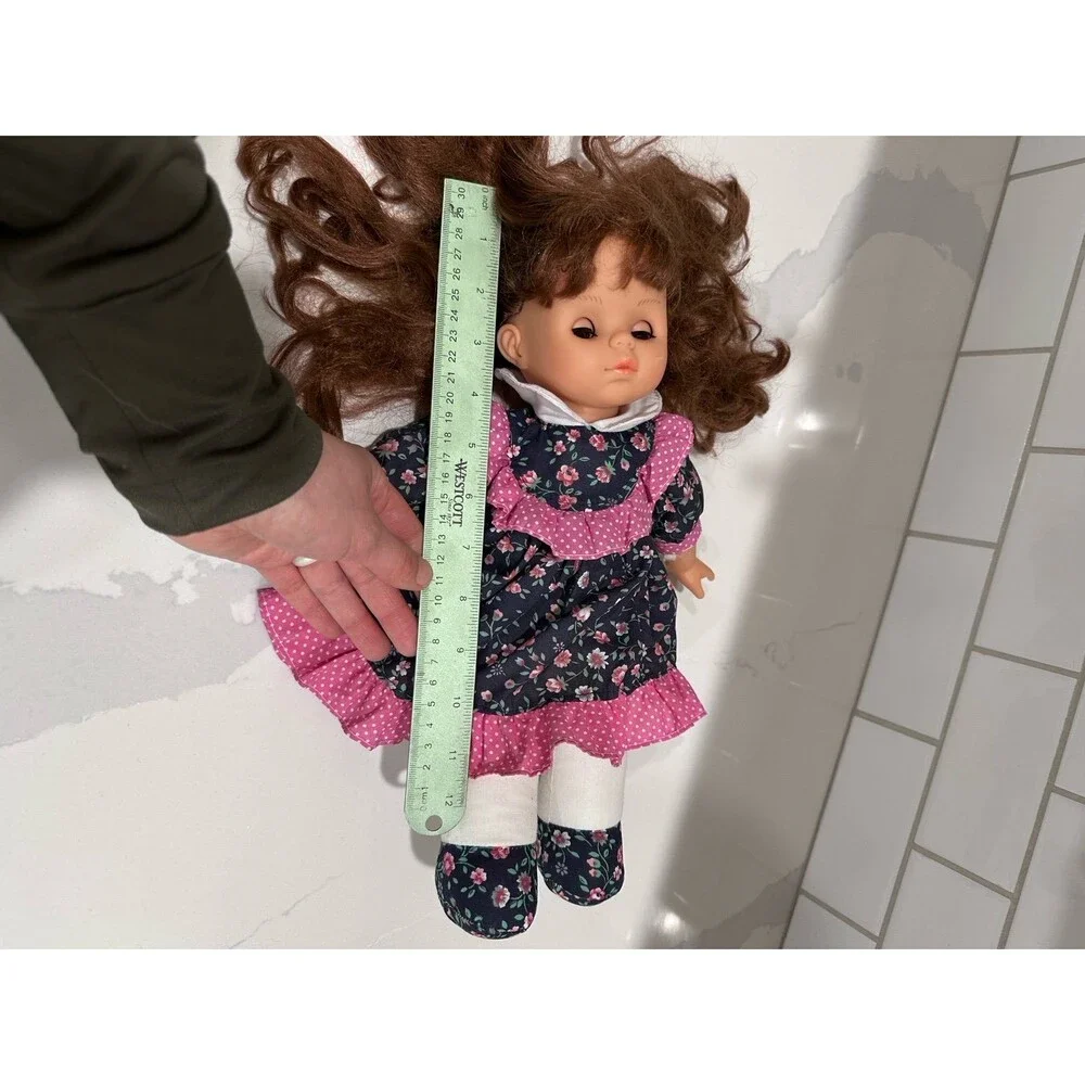 Vintage Brunette Girl Doll Floral Dress Brown Eyes Soft Body Collectible Toy